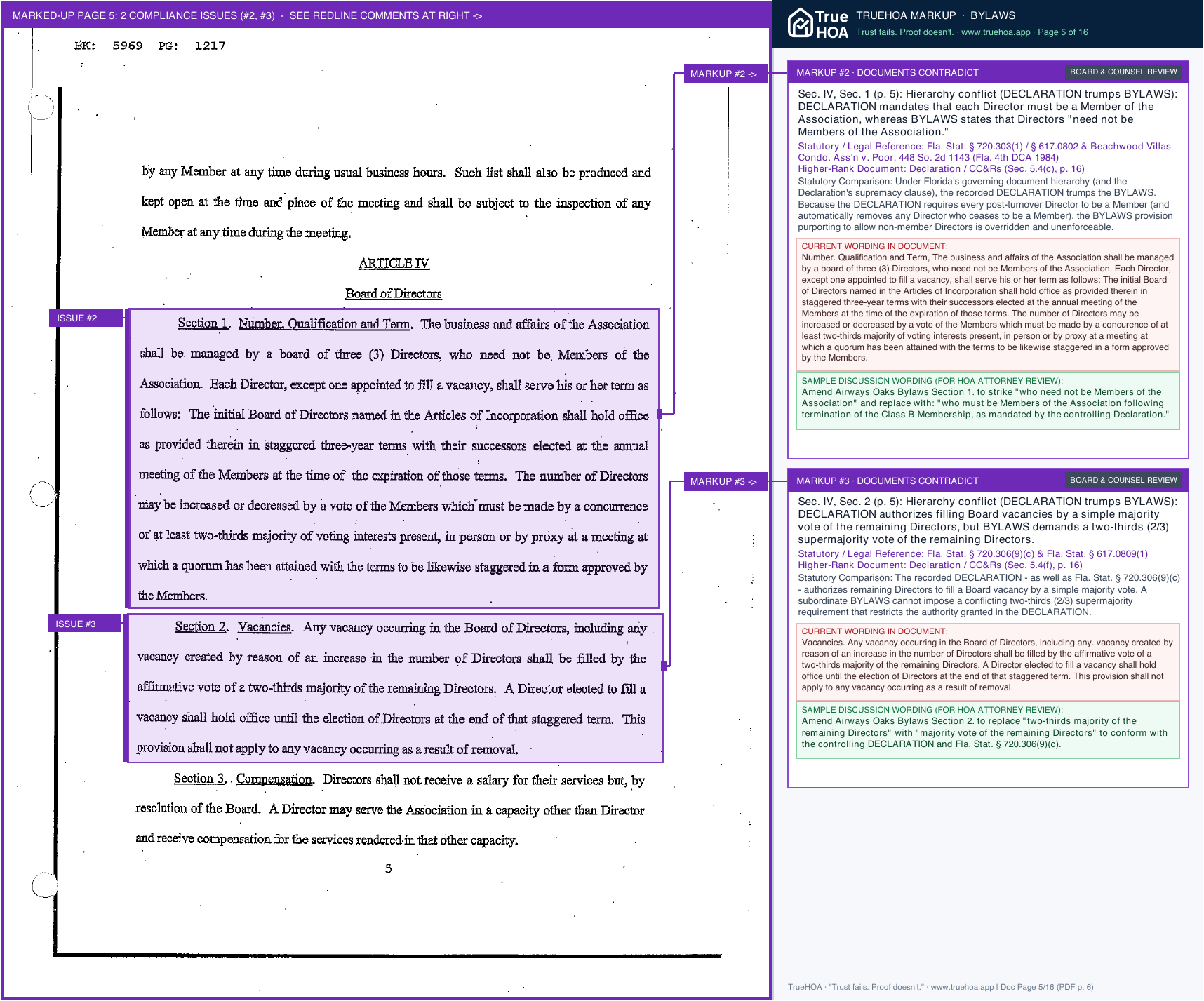 A Bylaws page flagged for a quorum mismatch with the Declaration
