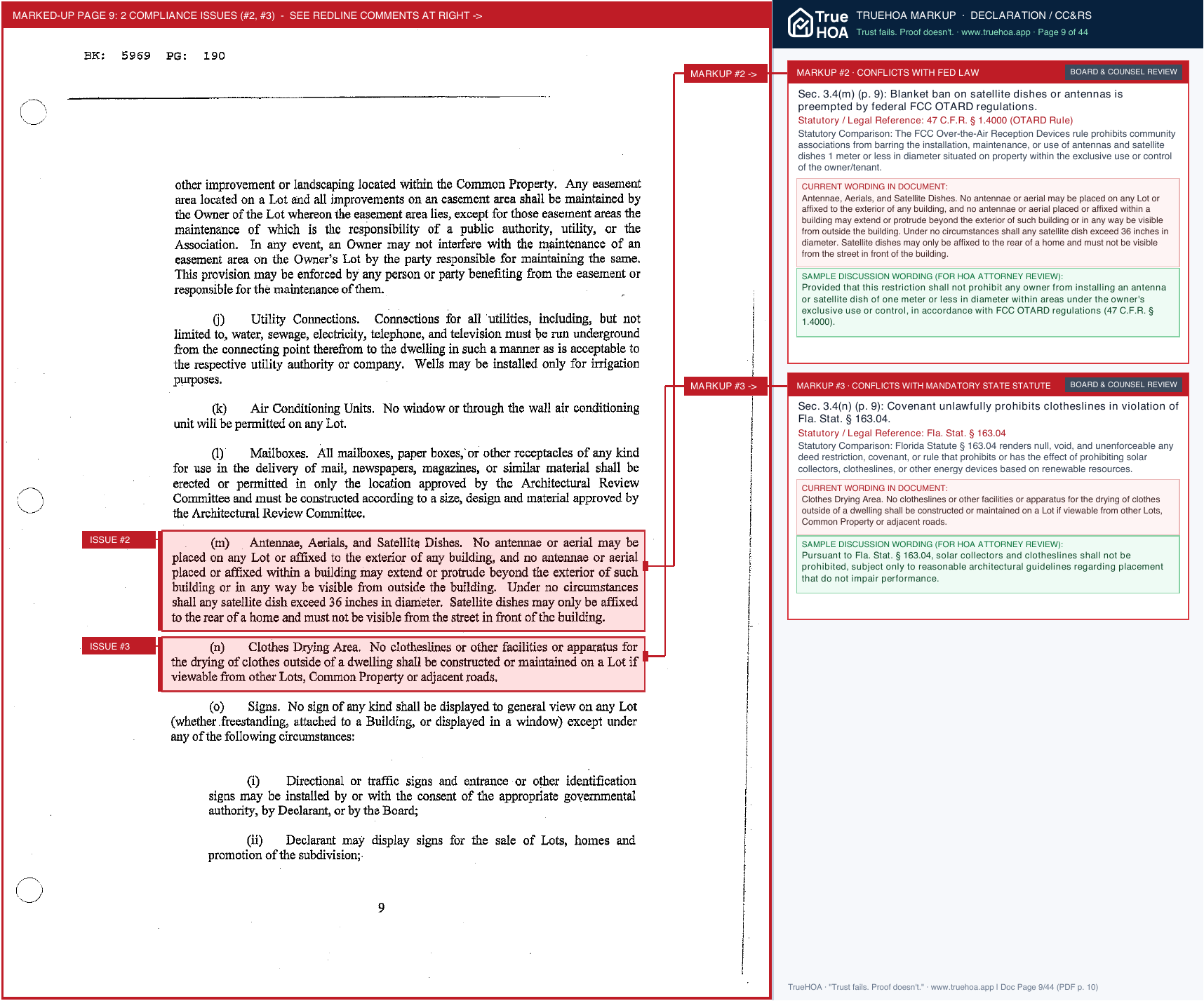 Crystal AI marked-up Declaration page with highlighted clauses, linked findings and suggested wording